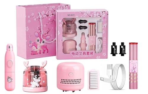Image of Magicwand Battery Operated Pencil Sharpener,Electric Eraser,Vacuum Cleaner Stationery Set with 10 Eraser Refills for Kids,Adults for Home Office School【Cute Deer Pink】