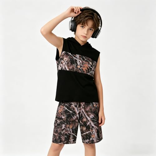 Image of Size 6-12 Years Boys Summer Clothes Hooded Sleeveless Tank Tops Workout Shorts 2 Piece Set Fashion Outfits