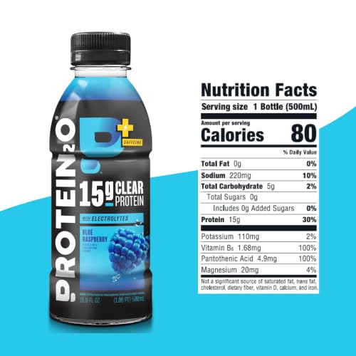 Image of Protein2o 15g Whey Protein Isolate Hydration Drink Plus Energy & Focus, 350mg of Electrolytes, 125mg of Caffeine, Sugar Free, Blue Raspberry, 16.9 oz Bottle (Pack of 12)