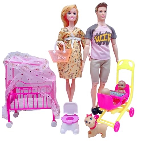 Xoeryoy Juego de muñecas Familiares Muñeca Embarazada con articulación móvil con bebé Boca Abajo, papá y 2 niños, y Otros Accesorios