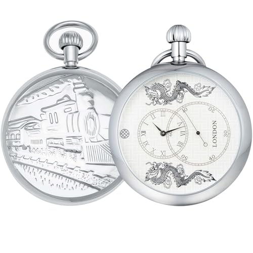Reloj de bolsillo para hombre con maquinaria vista esqueleto y relieve de dragón