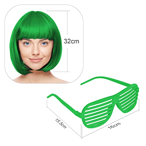 AOMIG Short Bob Wigs Set, 4 Pack Green Bob Wigs with Sunglass, Cap & Bangs - Synthetic Straight Hair for Daily Halloween & Cosplay - Image 3