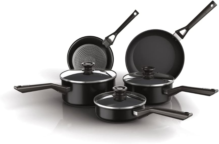 ZEROSTICK Classic 5-Piece Pan Set [CW55000UK] Aluminium Cookware, Induction Compatible, Dishwasher Safe, Oven Safe to 180°C, Glass Lids, Black