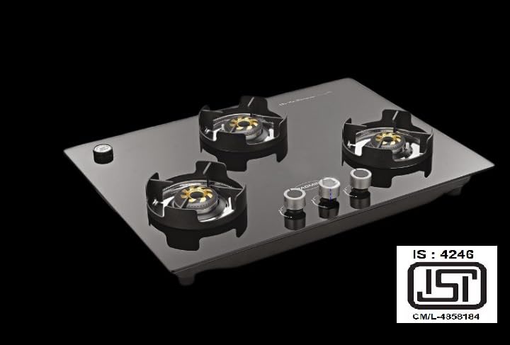Padmini Indian Burner Auto Ignition 3 Burner Glass Built in Glass Gas Hob Black ISI Certified (CS 301 GL IB) (2 Big, 1 Small Burner) - Image 3