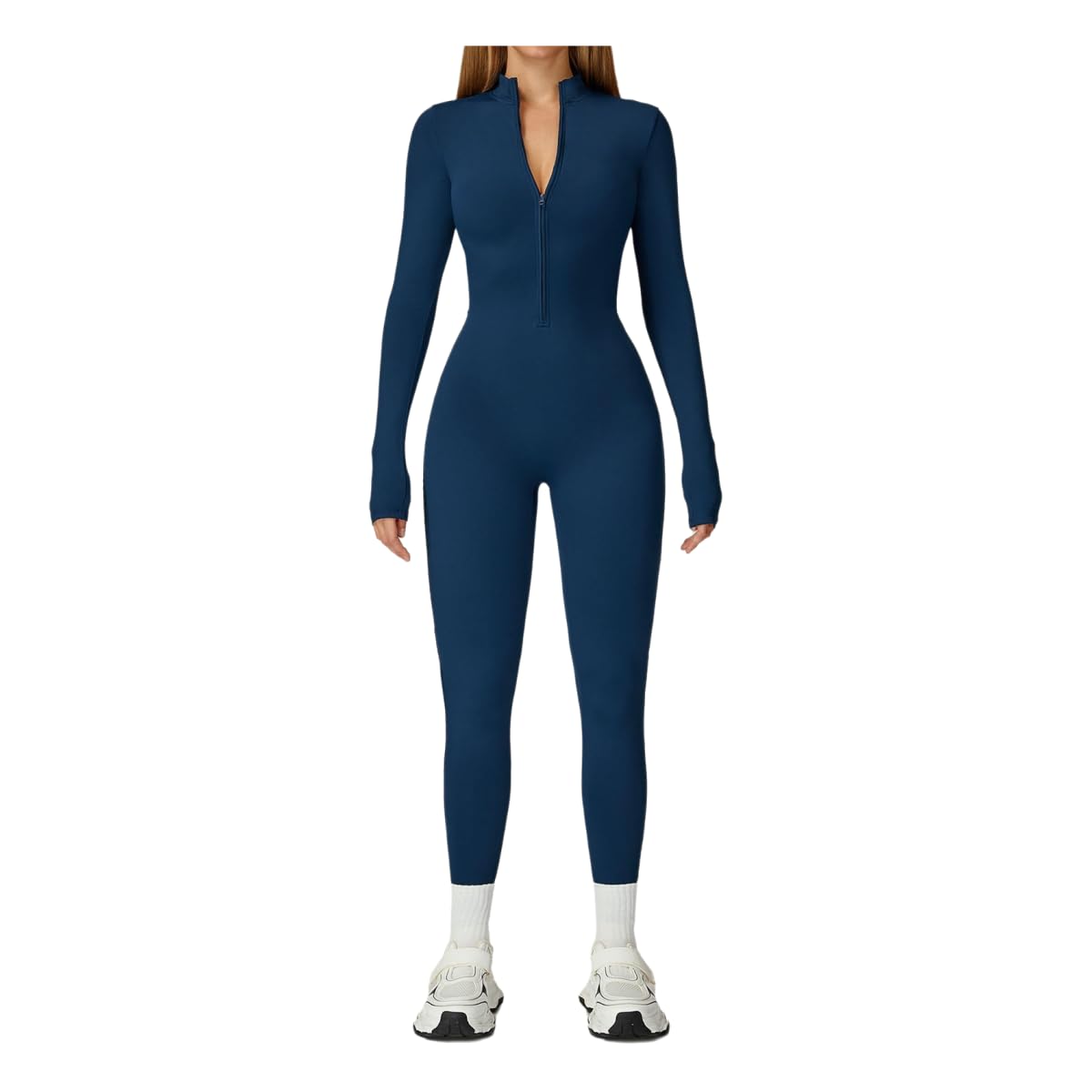 Mono de yoga para mujer con cremallera y acabados de terciopelo azul