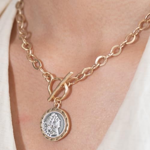 Chunky Coin Fashion Gold Necklace Toggle Antique Gold Plated Roman Coin Necklace for Women 18 Inch Chain Layered Pendant Necklace Jewelry Gift for Women3