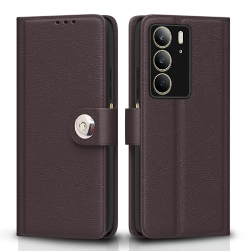 Image of Pikkme Flip Cover Leather Finish | Inside TPU with Card Pockets | Wallet Stand and Shock Proof | Complete Protection Button Flip Case for Realme C75(Coffee)