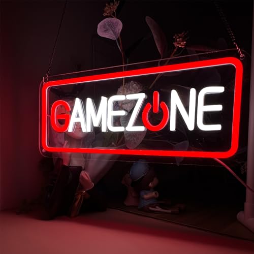 Image of GAMEZONE Neon Sign for Wall Decor - Red & White Led Neon Light for Gaming Room, Bedroom, Cool Game Zone Sign with Dimmable Switch, 15.7x6.7 inch, USB Powered Gaming Wall Art for Boys Room, Man Cave