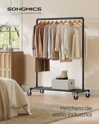 Miniatura 2 de Songmics Burro Ropa, Perchero Burro Con Ruedas, Capacidad De Carga De 90 Kg, Perchero Con Barra Para Colgar, Estante De Almacenamiento, Estilo Industrial, Negro Hsr61bk.