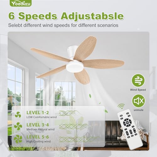 Image of Ceiling Fans with Lights - 42 Inch White&Wood Flush Mount Ceiling Fan 6-Speed Wind, Quiet Reversible DC Motor, 3 Color Dimmable Lighting, Small Low Profile Ceiling Fans for Living Room /Bedroom