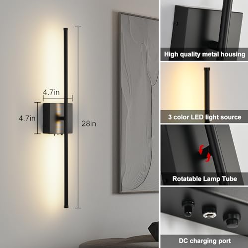 Battery Operated Wall Sconces with Remote Control, 11000mAh LED Wireless Rechargeable Black Wall Lights, 350°Rotate Dimmable Wall Lamp, 3 Color Temperatures, for Bedroom, Living Room, Hallway, 2 PCS by KELUOLY - Used condition - Image 8