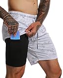 FLYFIREFLY Men's 2-in-1 Workout Running Shorts 7" Lightweight Gym Yoga Training Sport Short Pants Wh