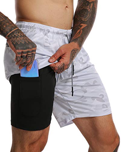 Flyfirefly Men's 2-In-1 Workout Running Shorts 7" Lightweight Gym Yoga Training Sport Short Pants White Camo #TOP15