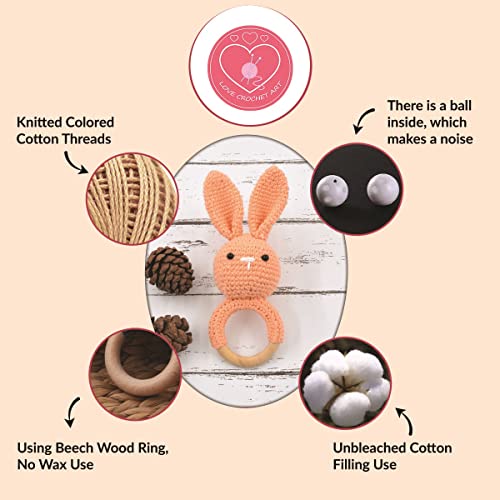 Image of Love Crochet Art Animal Shape Crochet Rattle Cum Soft Toy for Infant, Kids & Babies, Early Age Gift Toys (Bunny Rabbit - Peach)
