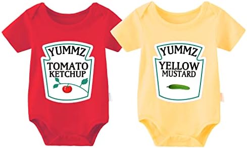 YSCULBUTOL Baby Twins Bodysuit Ketchup Mustard Newborn Girl Matching Outfits Sister Dresses Infant Romper With Headband Set