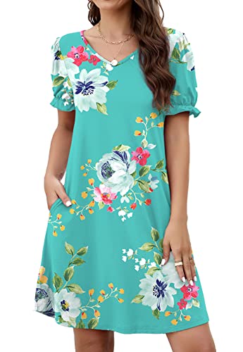 Weaczzy Womens Summer Dresses Floral Sundress Short Sleeve Tshirt Dress Flowy Loose Beach Cover Up Casual Dresses For Women With Pockets, Mint Green Flower, Medium #TOP1