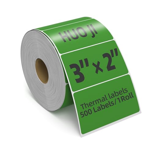 500 3x2 Thermal Labels Roll, HUOJI Green Thermal Printer Labels for Shipping, Barcode, and Packaging, Compatible with Rollo, Zebra, Munbyn Printers(Commercial Grade Stickers)