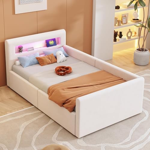 okwish Polsterbett Kinderbett 90x200 cm, Jugendbett mit hydraulischem Stauraum, LED Nachtlicht & USB-Anschluss, Samtstoff, Beige, ohne Matratze okwish Polsterbett Kinderbett 90x200 cm, Jugendbett mit hydraulischem Stauraum, LED Nachtlicht & USB-Anschluss, Samtstoff, Beige, ohne Matratze