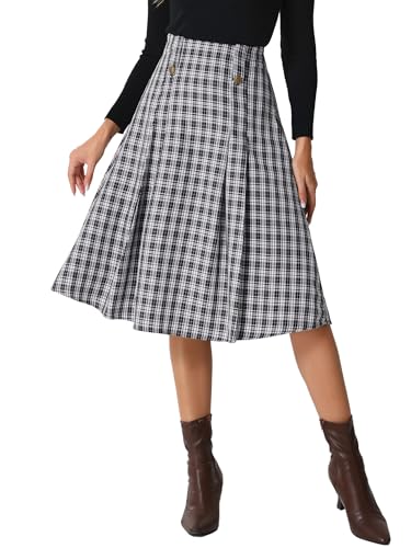 Allegra K Vintage Plaid Skirts for Women's High Waist Pleated A-Line Midi Skirt
