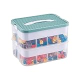 UFORU Plastic Storage Organizer for lego with DIY Accessories, Clear Stackable Storage Box with Handle, Adjustable Compartments for Crafts, 2 Layer Green