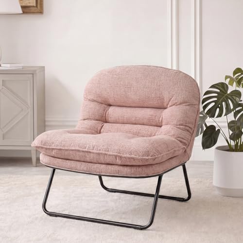 DUMOS Comfy Saucer Chair Fabric Foldable Chairs for Bedroom Living Room Dorm & Gaming Small Foldable Fashion Floor Chair with Back Support for Small Spaces Adults Dark Pink