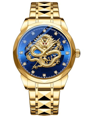 FANMIS Men's Luxury Golden Dragon Watch Unique Carved Diamond Dial Quartz Watch Classic Business Luminous Waterproof Wristwatches Stainless Steel Strap, Gold Blue