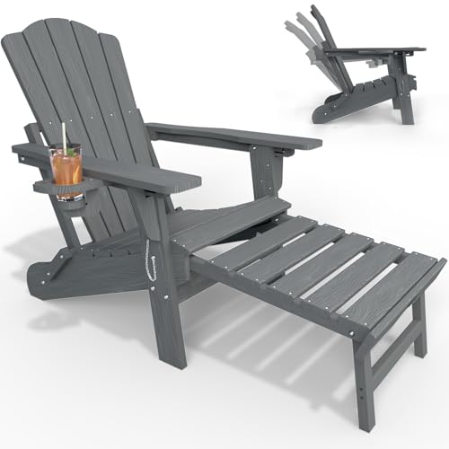 THOEOE Adjustable Adirondack Chairs with Retractable Ottoman, HDEP Folding Adirondack Chair with Footrest & Cup Holder, All Weather Fire Pit Chair for Outdoor,Grey