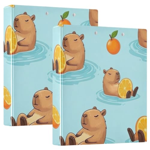Classeur à anneaux en D orange avec poches motif Capybaras mignons