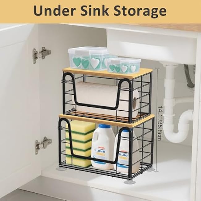 2 Pack Trash Bag Holder - Extra Large Stackable Storage for Kitchen Pantry Laundry Room Organization, Wall Mount Garbage Bag Dispenser with Bamboo Top for Under Sink Organizer, Fits 13/30/33 Gallons