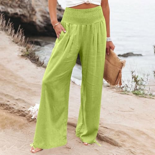 Womens Linen Wide Leg Pants Beach Vacation Outfits Summer Boho Casual Lounge Pant Flowy High Waist Palazzo Trousers3