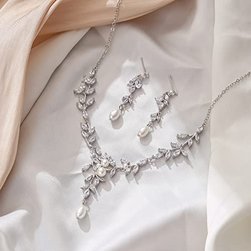 Crysdue Women Bridal Jewelry Set For Wedding, Marquise Cubic Zirnoia White Simulated Pearl Party Dangle Earrings Necklace Set For Bride Bridesmaid Silver #TOP2