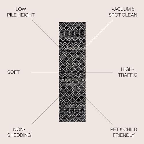 Image of JONATHAN Y Aksil Moroccan Beni Souk Black /Cream Runner Rug, 2x8, Bohemian, Scandinavian, Easy-Cleaning for Living Room, Bedroom, Kitchen, Pet Friendly, Non-Shedding (MOH208E-28)