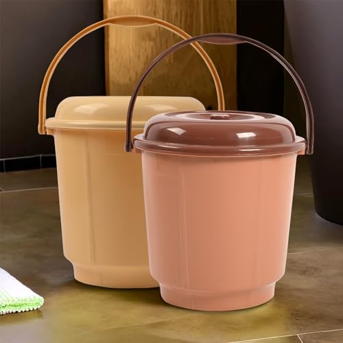 Image of Kuber Industries Pack of 2 Bucket | 18 Liter Bucket for Bathroom | Bathroom Bucket with Lid & Handle | Water Storage Bucket | Balti for Bathroom | Plastic Bucket for Daily Use | Cream & Coffee