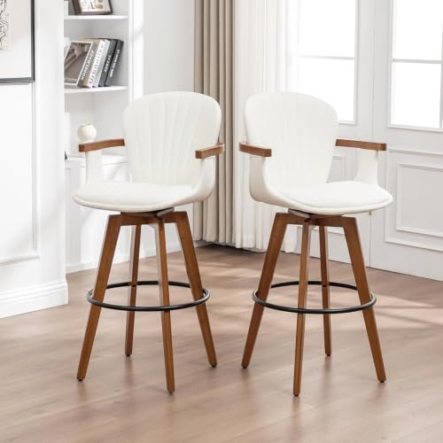 Image of LUNLING 30 inch Bar Height Stools Set of 2,Mid Century Modern Bar Stools White PU Leather Kitchen Island Stools,Wood High Barstools Swivel with Back and Arms for Home Bar Furniture
