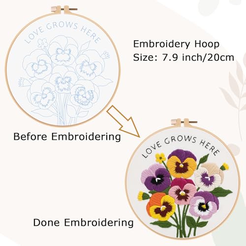 Image of Nuberlic Pansy Flower Embroidery Kit for Beginners Cross Stitch Kits- Complete Starter Set with Hoop, Pre-Printed Fabric, Threads & Needles