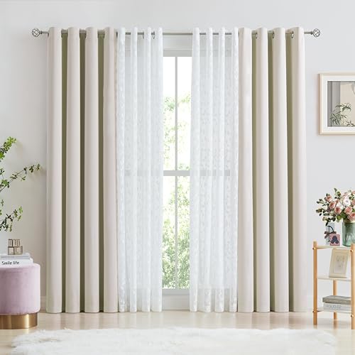 Image of Mix Matched Beige Full Blackout & Sheer Leaf Lace Curtains 52 inchWx95L 6Panels