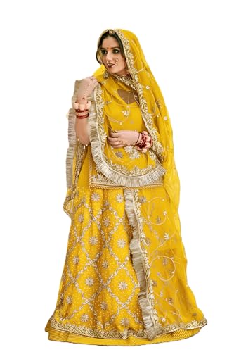 Image of Heavy Embroidery Work Semi Stitched Shimmer Silk Rajputi Poshak For Women Rajasthani Lehenga Choli