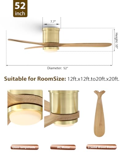 Image of 52 inch Low Profile Ceiling Fan with Lights and Remote, Gold Finish