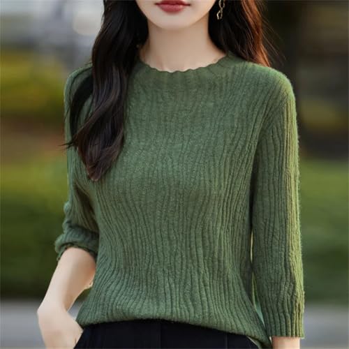 Women's Merino Wool Sweaters Crew Neck Pullover Textured Knit Three Quarter Sleeve Spring Autumn Base Layer Top3