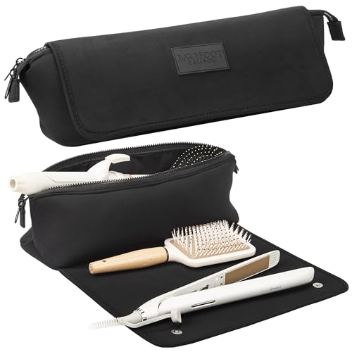 BAREFOOT CARIBOU Hair Tools Travel Bag and Heat Resistant Mat (15.5) for Flat Irons Straighteners Curling Iron Haircare Accessories 2-in-1 design Interior Pockets Portable Organizer (Black)