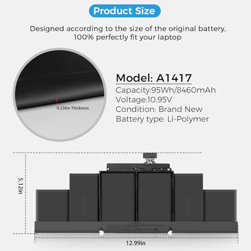 Image of A1398 Battery,A1417 Replacement Battery for MacBook Pro 15 inch Retina Model A1398(Mid 2012 Early 2013 Only) (Upgraded High Performance 10.95V 95Wh 8460mAh)