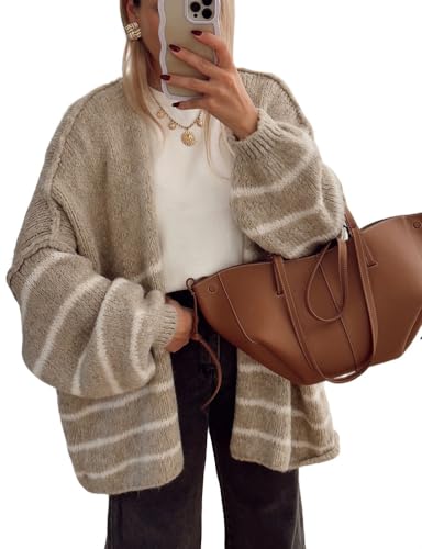 Mywinway Striped Cardigan Sweaters for Women Fall Open Front Lantern Long Sleeve Knit Chunky Loose Lightweight Sweater