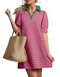 ZESICA Womens Summer Striped T Shirt Mini Dresses 2026 Casual Lapel V Neck Short Sleeve Flowy A Line Beach Vacation Dress,Rose,Medium
