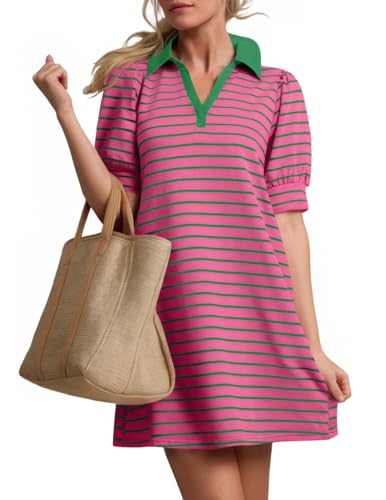 ZESICA Women's Summer Casual Striped Mini Dresses 2025 Lapel V Neck Short Sleeve Flowy A Line T Shirt Dress