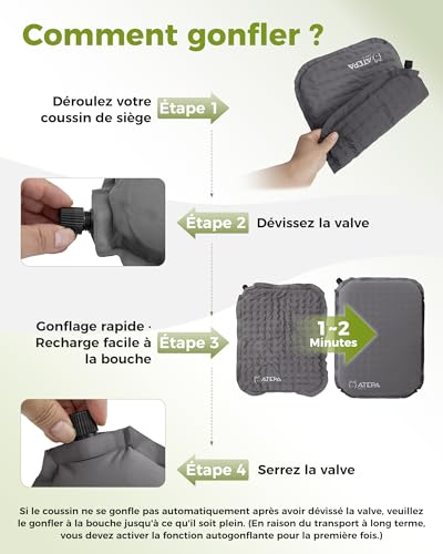 ATEPA Coussin De Siège Gonflable Auto-Gonflant en Mousse, Coussin D’Assise Gonflable pour Voyage, Avion, Stade, Camping, Randonnée, Bateau, Concert – Gris – vue 5