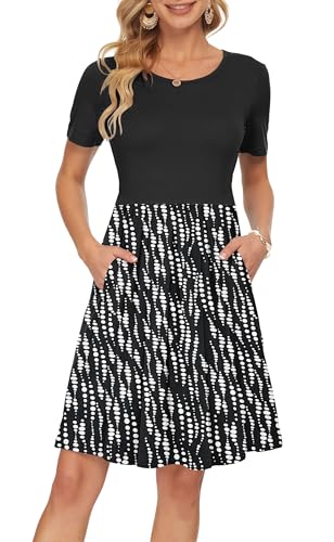 Image of AUSELILY Women's Short Sleeve Pleated Swing Summer Dress with Pockets | Knee-length short sleeve dress, empire waist & pockets, ideal for casual daily wear and vacation
