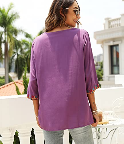Higustar Boho Embroidered Tops For Women Mexican Peasant Blouses Traditional Bohemian Clothing Tunic Shirts Hippie Clothes Purple #TOP5
