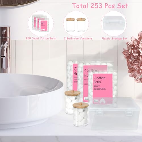 250 Count Cotton Balls, 100 % Pure Cotton, Soft, Super Absorbent, 2 Cotton Ball Holders Included, Large Cotton Balls for Face Makeup Remover, Nail Polish Removal, Applying Toner, Crafts, Pet Care