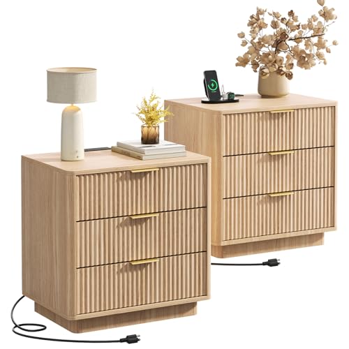 Draelibor Fluted Nightstands Set of 2 with Charging Station and Hidden Drawer 4 Drawers Wood End Table Mid Century Night Stands for Bedroom 22.4 W x 15.7 D x 22.4 H Natural Oak