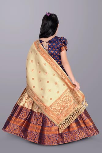Image of Girls Pattu Pavadai Ready to Wear Lehenga, Blouse & Dupatta Set - Heavy Jacquard Fabric, Fully Stitched